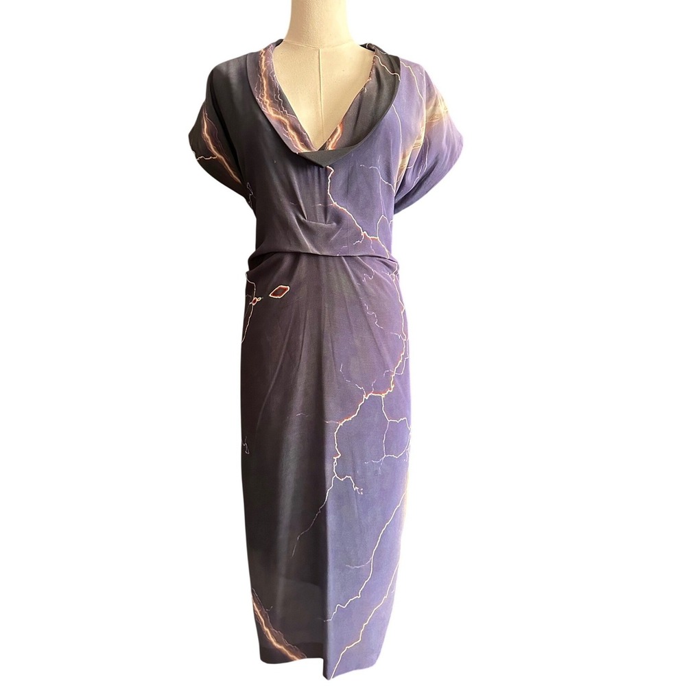 Risto 100% Silk Lightning Print‎ Draped V-Neck Dress Large Avant Garde